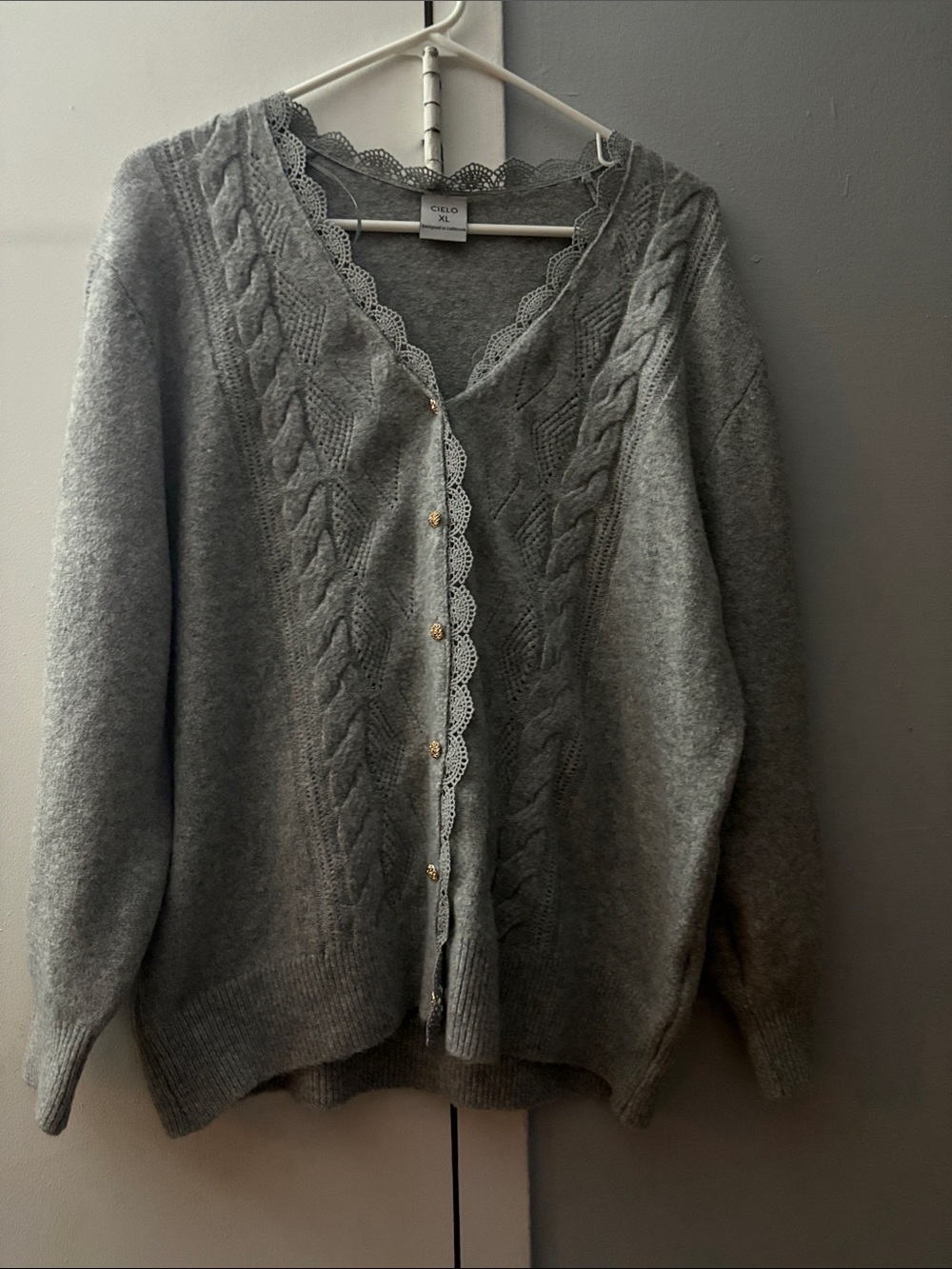 Cielo Gray Cable-Knit Cardigan with Lace Trim and Gold Buttons